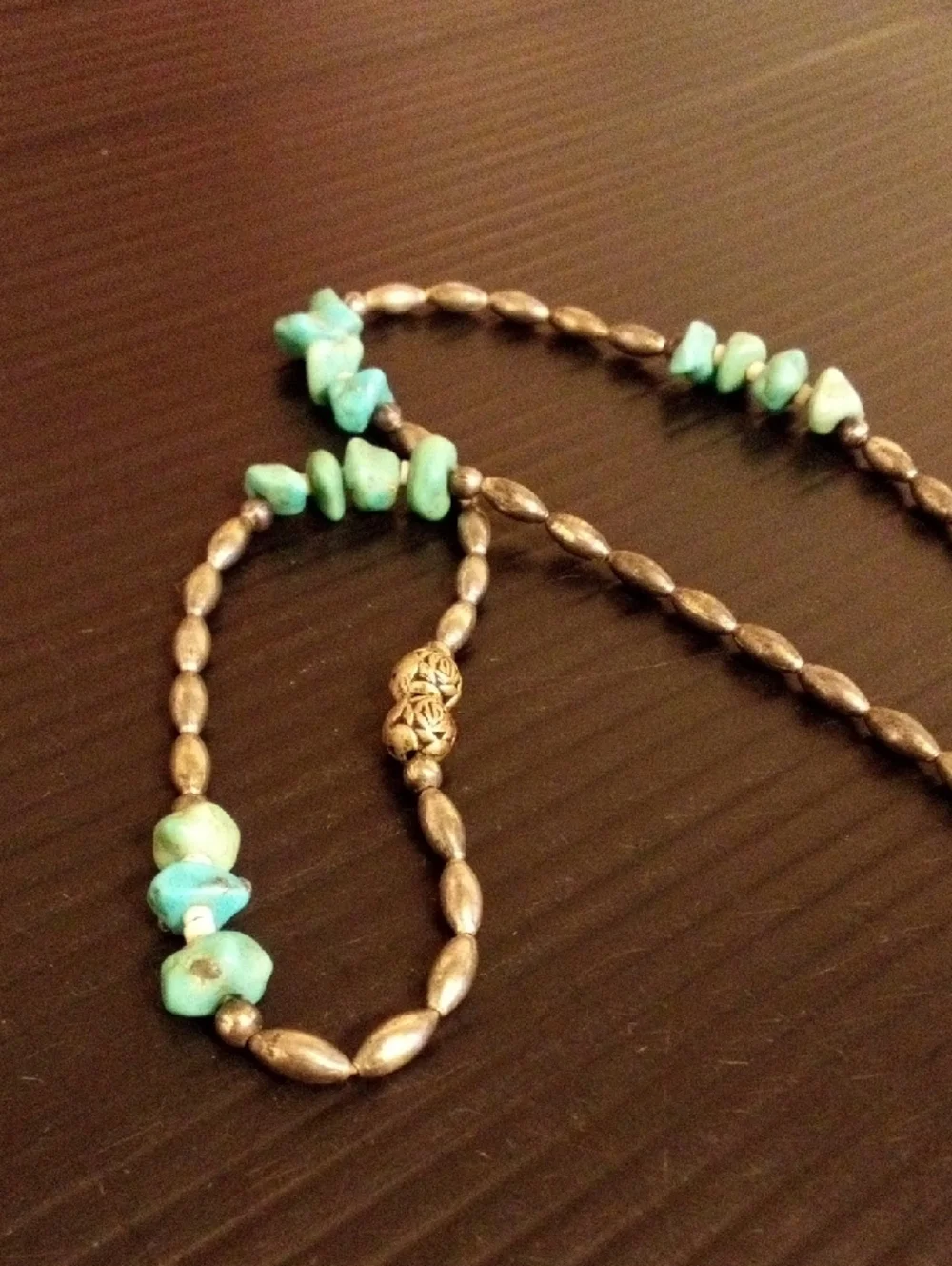 Turquoise Chip & Antiqued Silver Bead Necklace - Women Jewelry - Picture 3 of 5